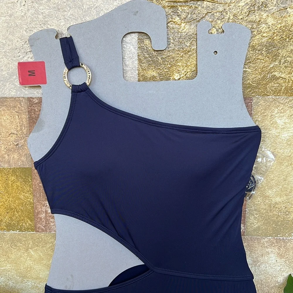 NEW Michael Kors One Shoulder O-Ring Blue Cut-Out One Piece Swimsuit, Size 10